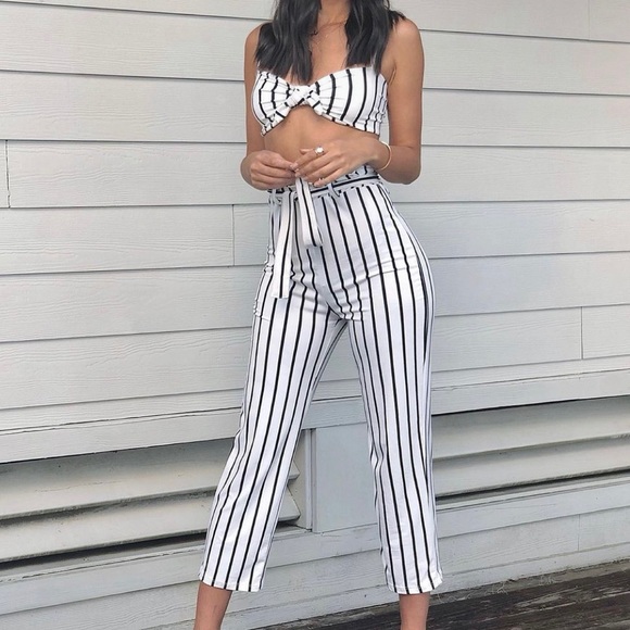 Two piece, black and white stripes, crop top and capri pant set. - Picture 2 of 6